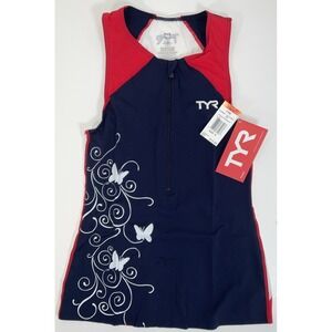NWT Women's TYR Competitor 1/2 Zip‎ Singlet Tank Top Blue & Red Butterfly Small